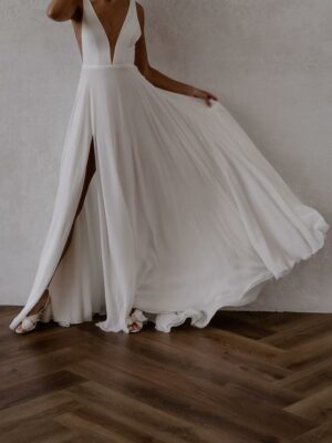 Lucy V2 by Made With Love Bridal - Chiffon A-line skirt wedding dress with plunging v neck and thigh high leg slit