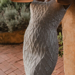 Anna Campbell River wedding dress - Hand beaded details, square neckline, train, fitted silhouette - Sample wedding dress at Revelle Bridal - detail close up