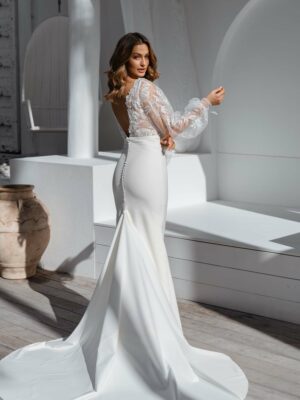 Saige wedding dress by Anna Campbell - Lace and Crepe wedding gown mermaid silhouette - back of the dress - Sample Sale