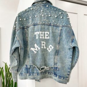 The Grace Jacket - Denim Pearl Varsity embroidered lettering