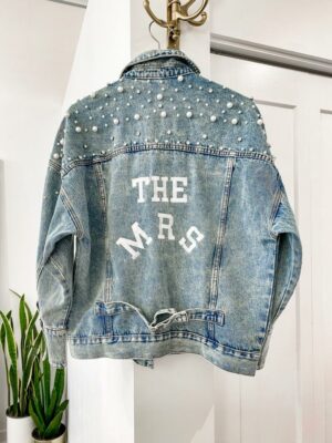The Grace Jacket - Denim Pearl Varsity embroidered lettering