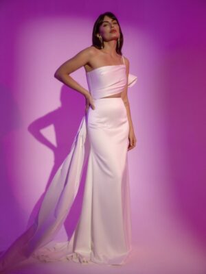 Rey by Sarah Seven - asymmetrical fitted satin and cotton faille wedding dress with a dramatic side cut out and a a detachable bow