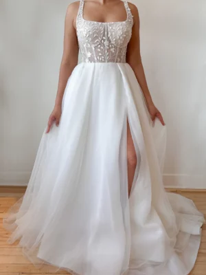 Huxley Flowy A line Wedding Dress 3D lace bodice straight neckline